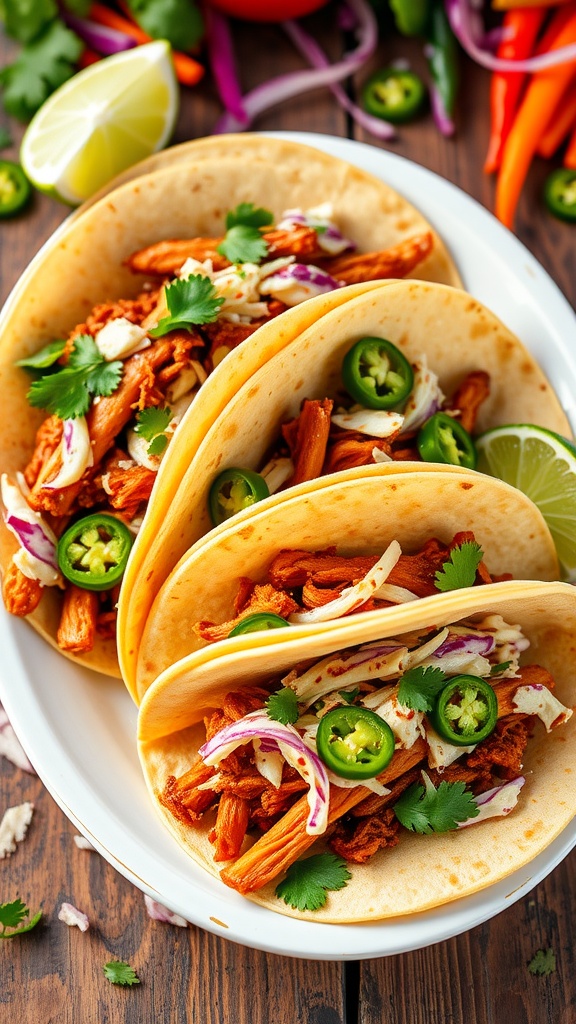 Zesty tacos filled with barbecue chicken, coleslaw, and cilantro, served with lime wedges.